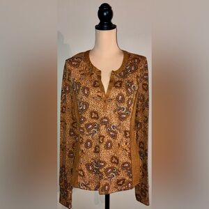 Women's DR2 Long Sleeve Rust Orange Black Paisley Print Henley Top/Shirt,Large L